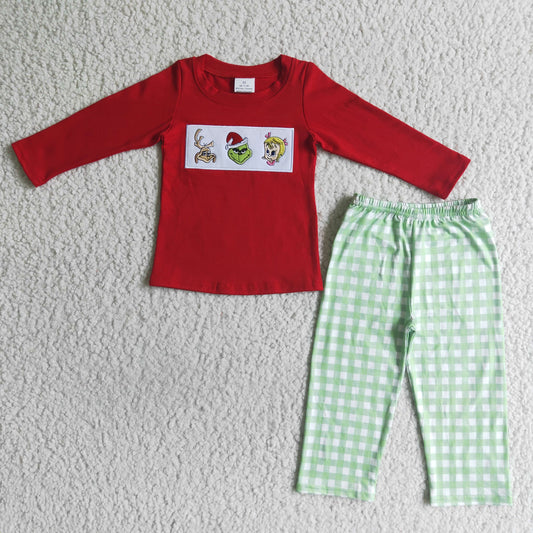 Boys Embroidery Christmas Outfits Long Sleeves Red Pants