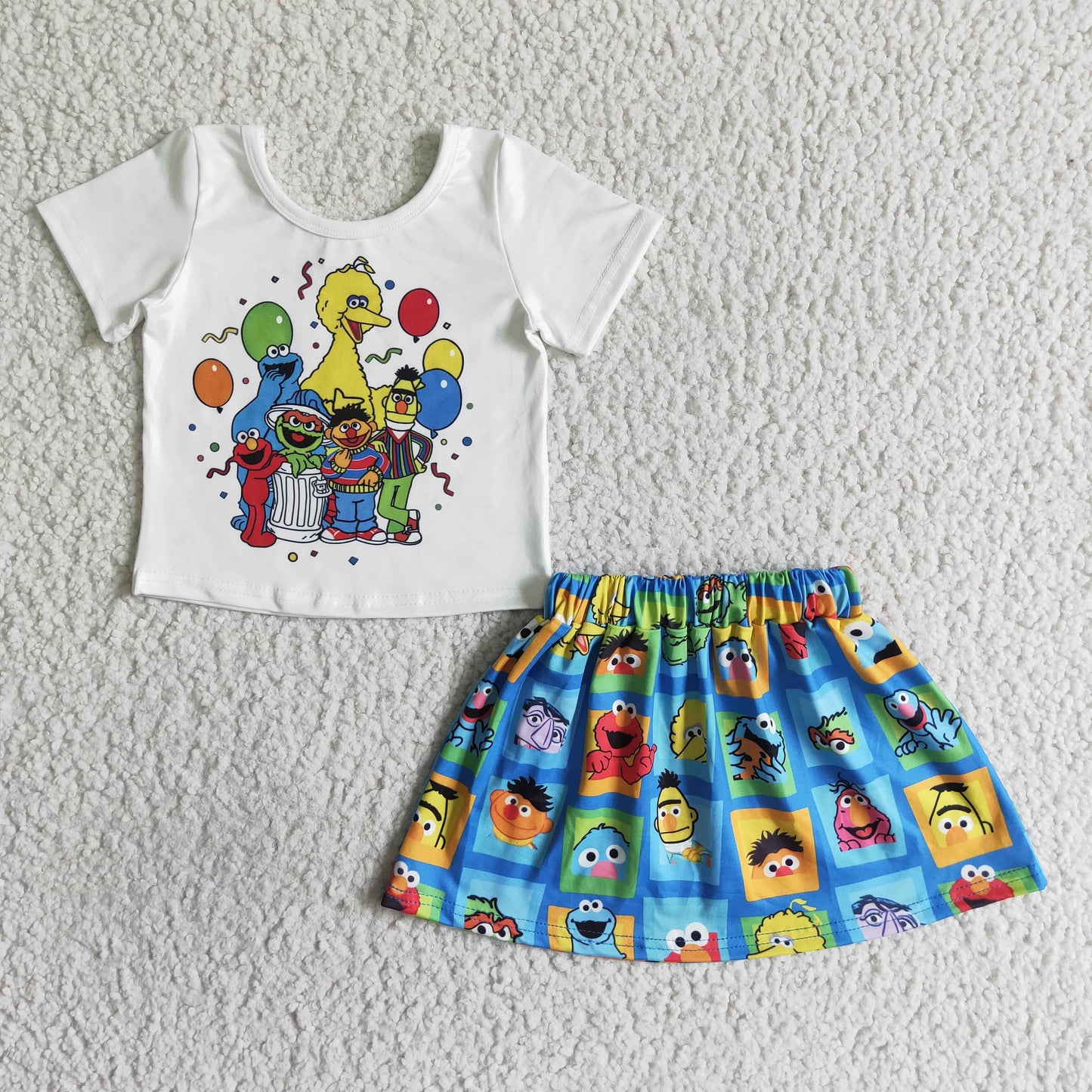 Girls Cartoon Outfits Short Sleeves Blue Skirt