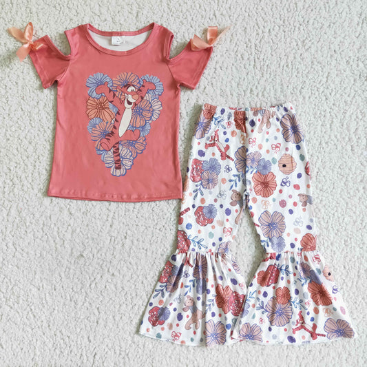 Girls Cartoon Floral Outfits Short Sleeves