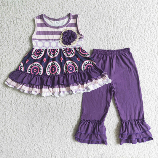 Girls Floral Outfits Sleeveless Purple Pants