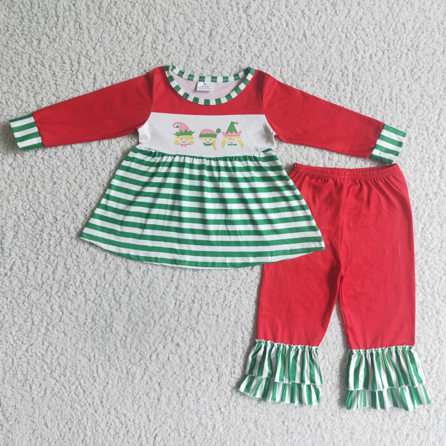 GLP0057 Girls Green Red Outfits Long Sleeves Ruffle Pants