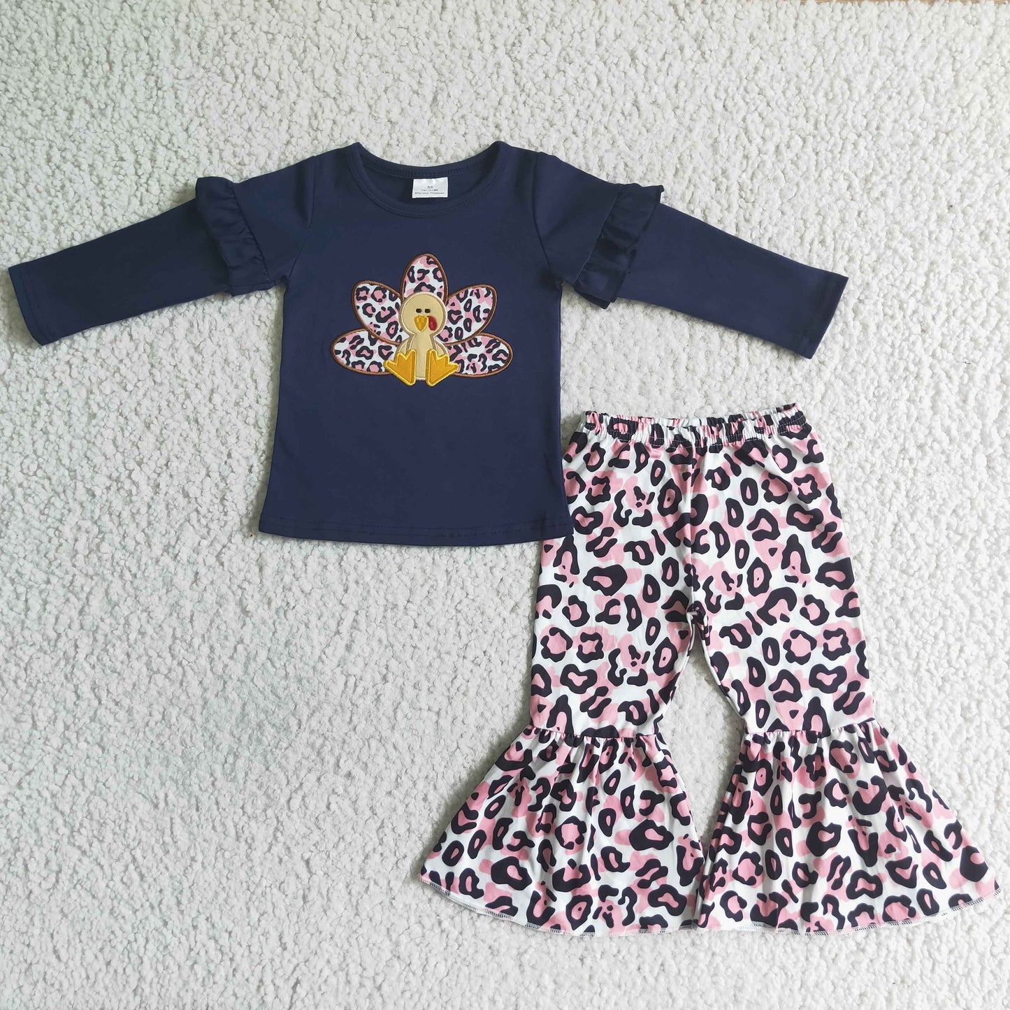 Girls Embroidery Turkey Outfits Long Sleeves Leopard Pants