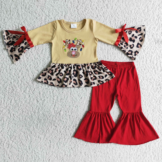 Girls Embroidery Christmas Deer Outfits Long Sleeves Red Pants