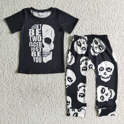 Boys Halloween Skull Outfits Short Sleeves Black