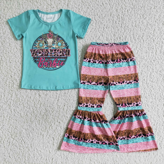 Girls Western Outfits Short Sleeves Bell Bottom Pants