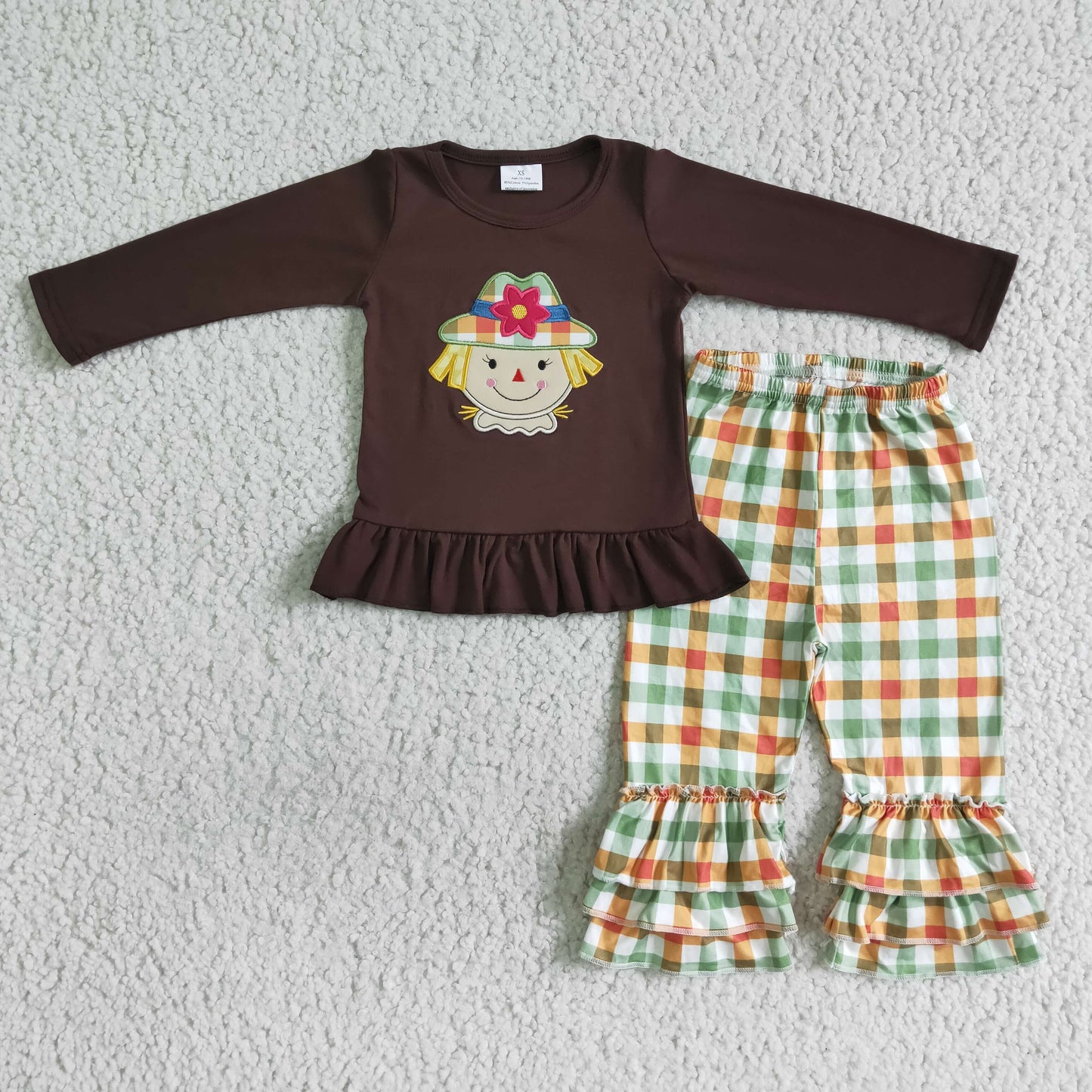 Girls Embroidery Scarecrow Outfits Long Sleeves Plaid Pants