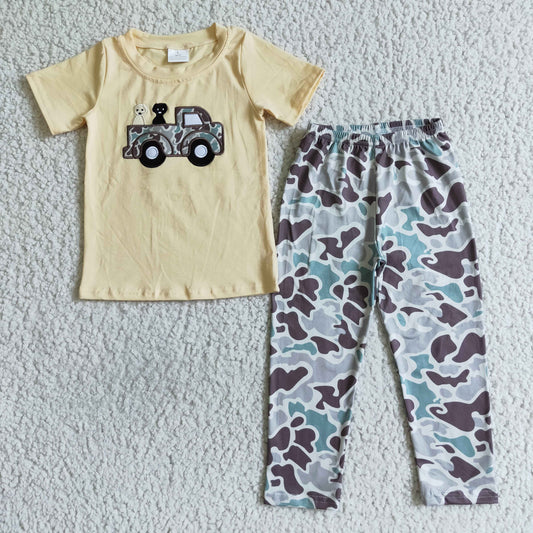 Boys Embroidery Truck Outfits Short Sleeves Camo Pants