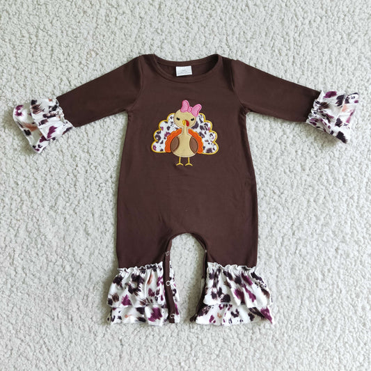 Girls Thanksgiving Embroidery Turkey Rompers