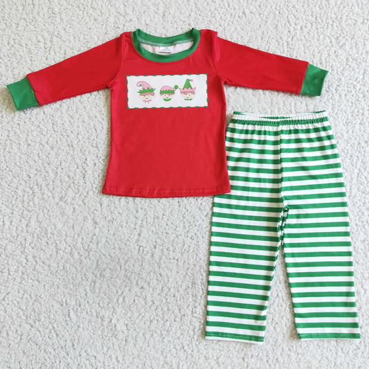 Boys Embroidery Red Outfits Long Sleeves Stripe Pants