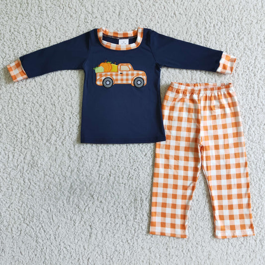 Boys Embroidery Pumpkin Outfits Long Sleeves Plaid Pants