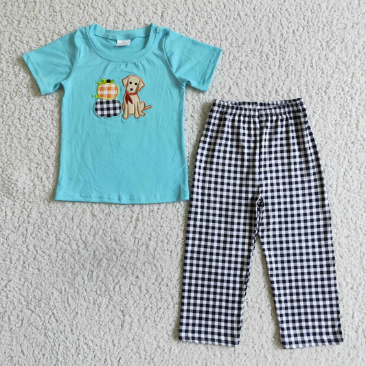 Boys Embroidery Pumpkin Dog Outfits Short Sleeves Plaid Pants