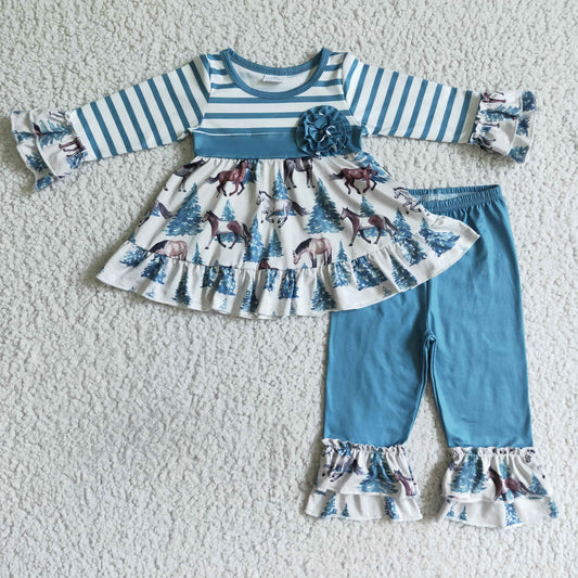 Girls Horse Blue Stripe Outfits