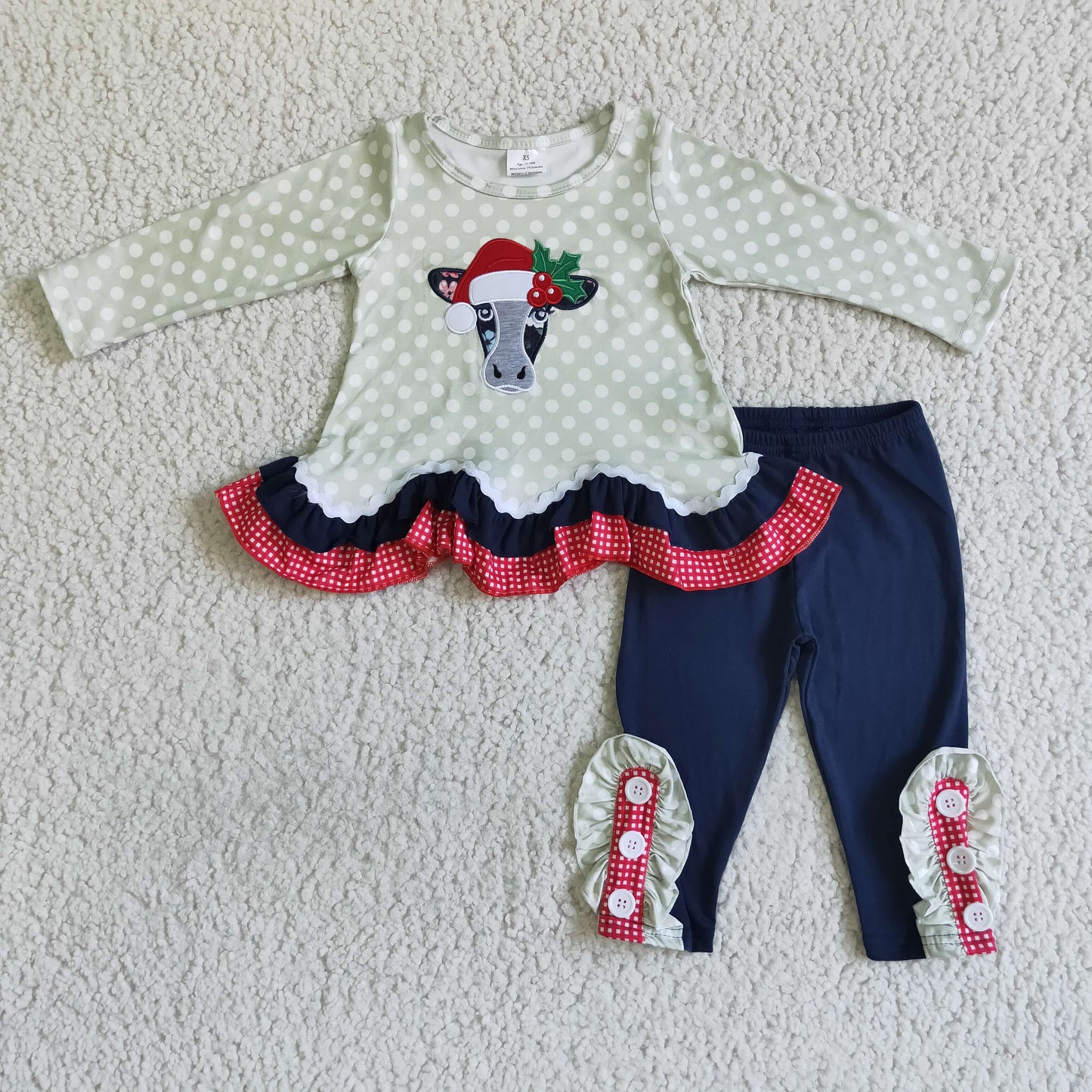 Girls Embroidery Christmas Cow Outfits Long Sleeves Navy Pants