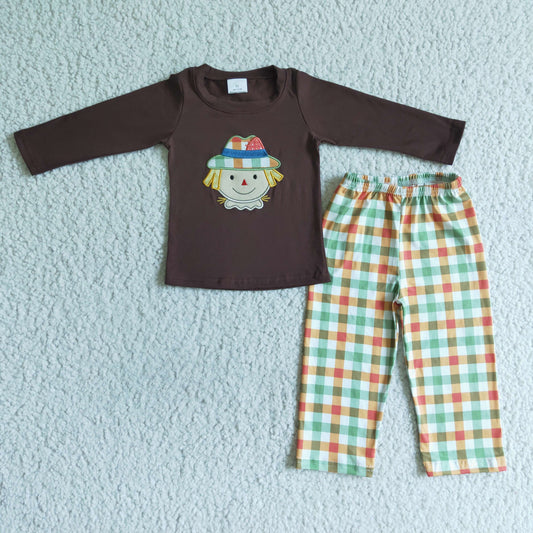 Boys Embroidery Scarecrow Outfits Long Sleeves Plaid Pants