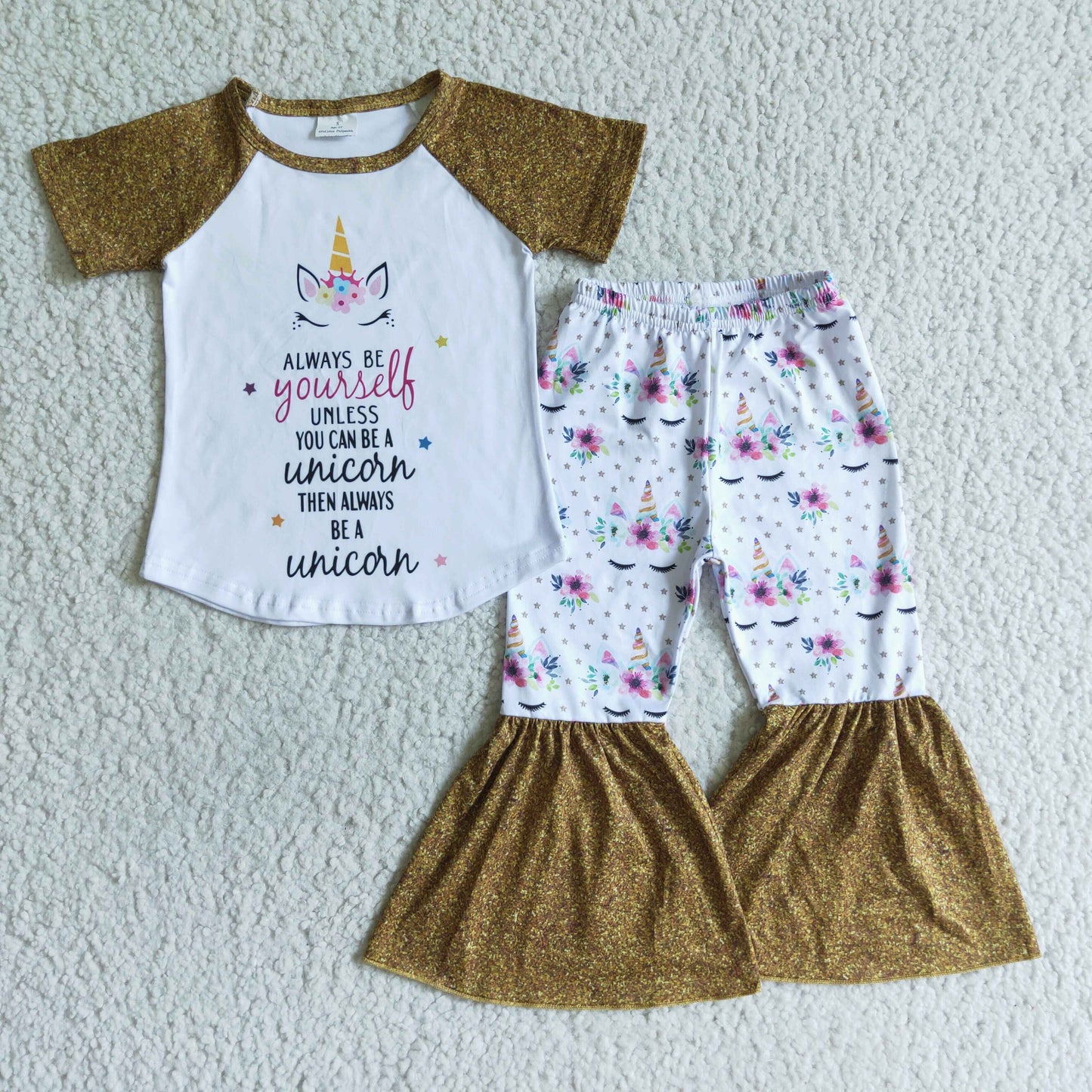 Girls Unicorn Outfits Sleeveless Bell Bottom Golden Pants