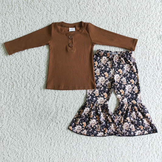 Girls Brown Outfits Long Sleeves Floral Pants