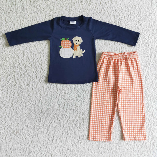 Boys Embroidery Pumpkin Dog Outfits