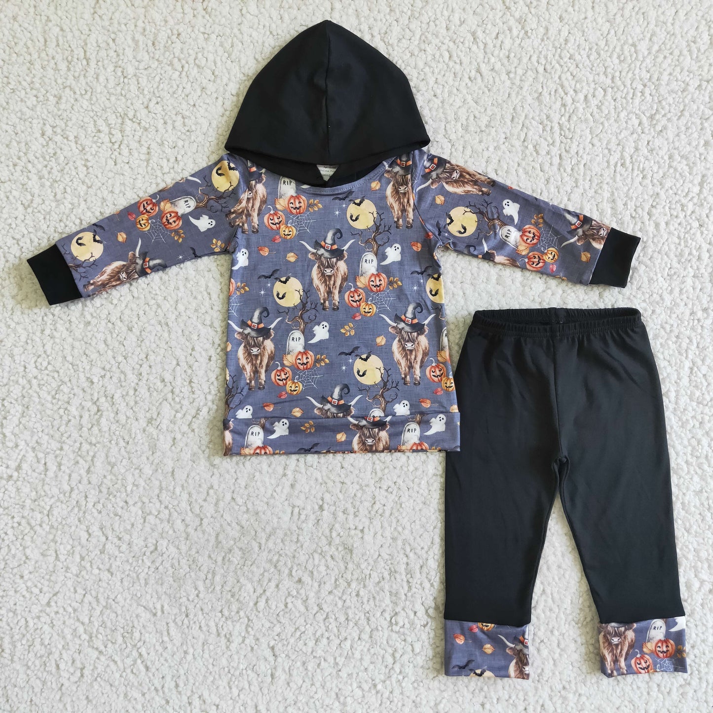 BLP0040 Boys Halloween Cow Hoodies Black Pants