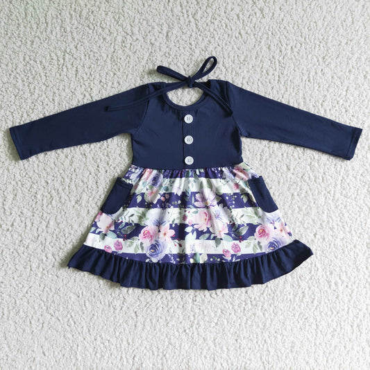 Girls Navy Floral Dress Long Sleeves