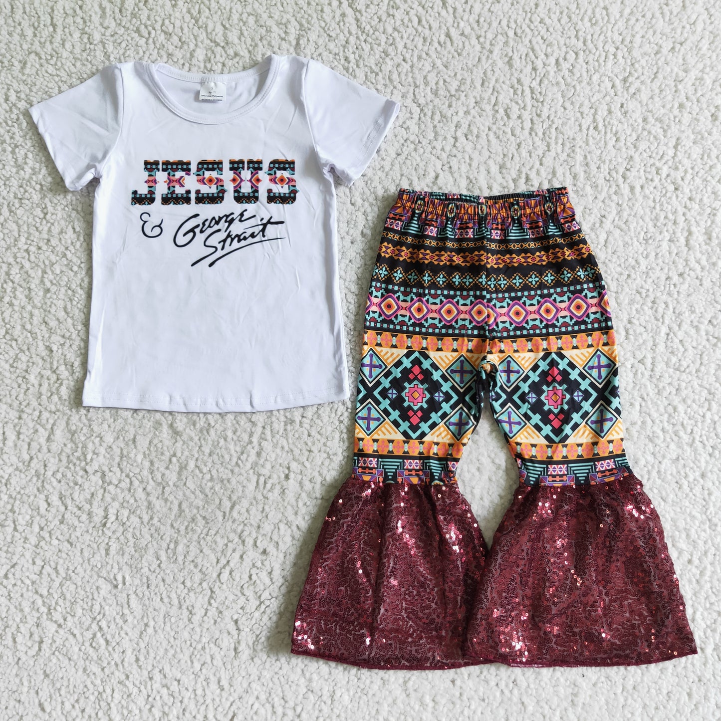 Girls Jesus Outfits Short Sleeves Bell Bottom Pants