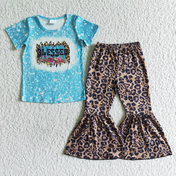 A14-24 Girls Blessed Outfits Short Sleeves Leopard Pants