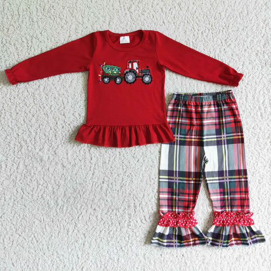 Girls Embroidery Truck Outfits Long Sleeves Plaid Pants