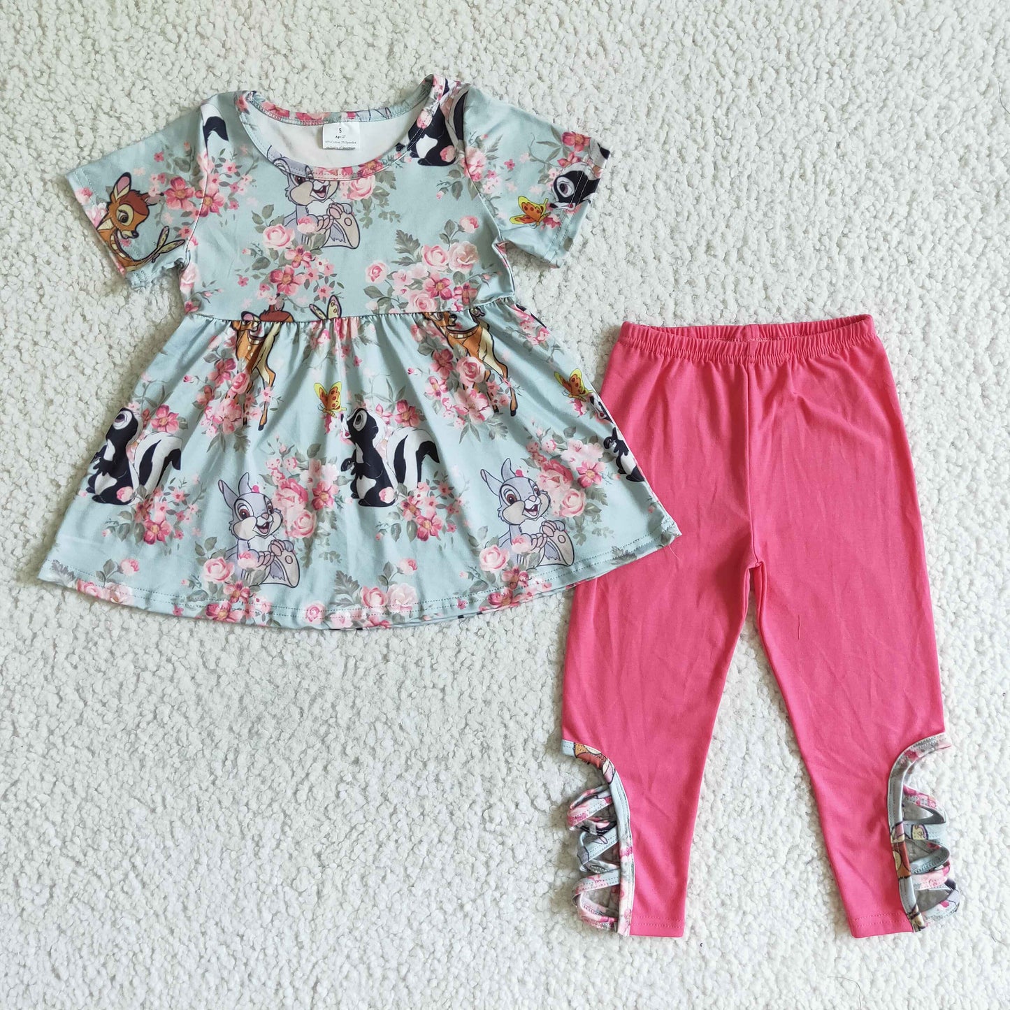 Girls Deer Outfits Short Sleeves Pink Leggings