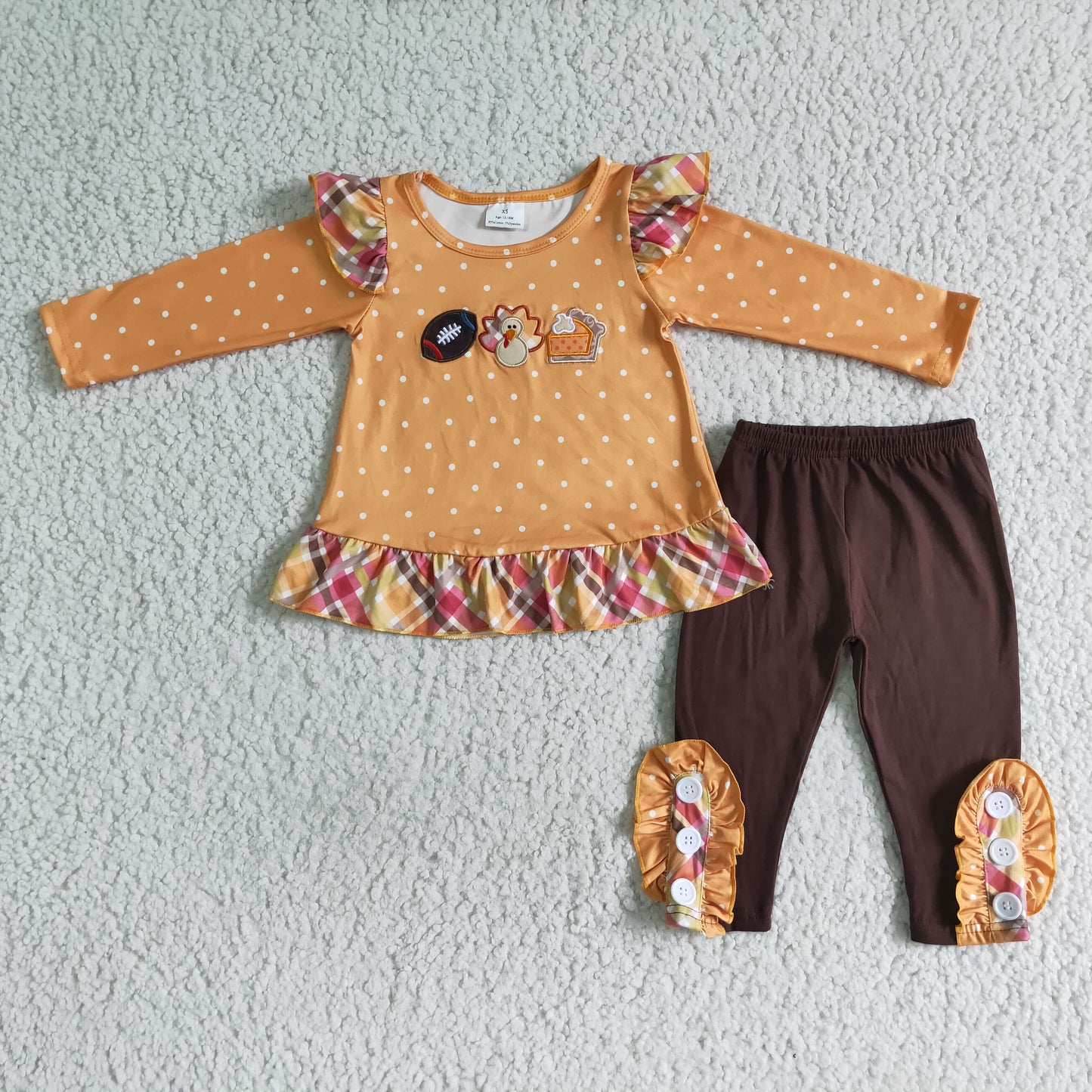 Girls Embroidery Turkey Outfits Long Sleeves Brown Pants