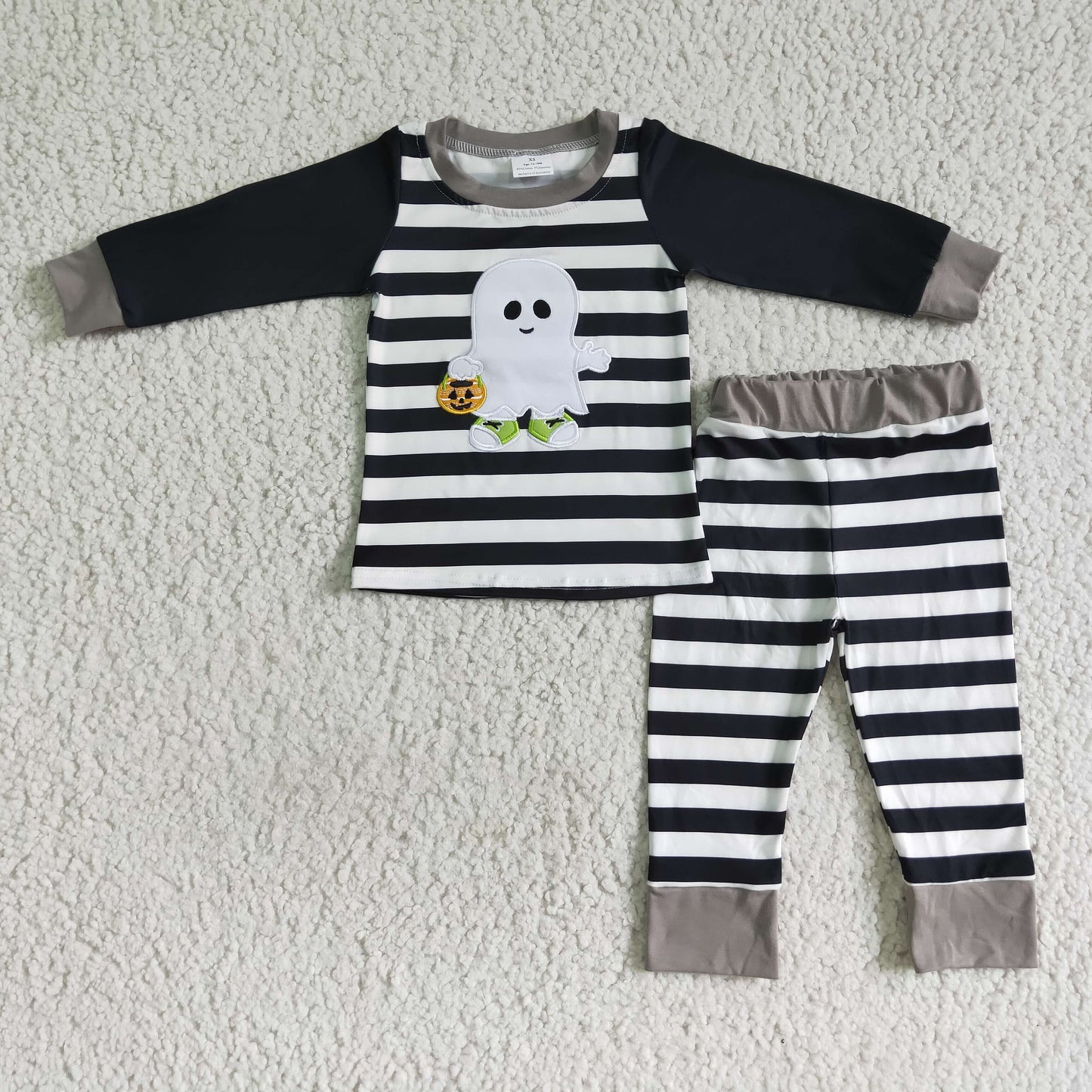 Boys Halloween Embroidery Ghost Outfits Black Stripe