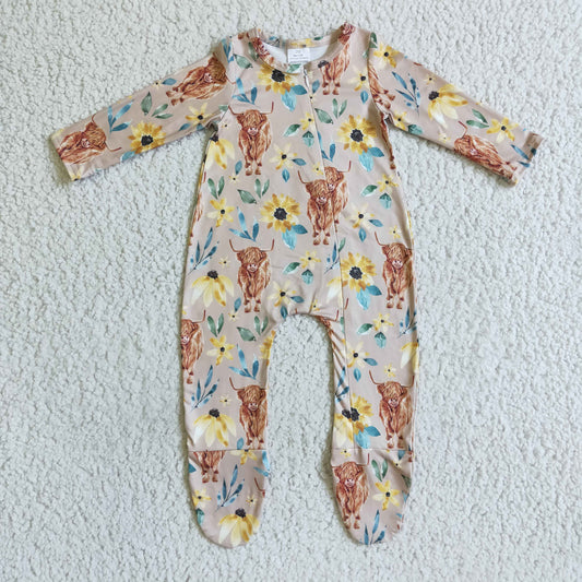 Baby Cow Sunflowers Zip Rompers Long Sleeves