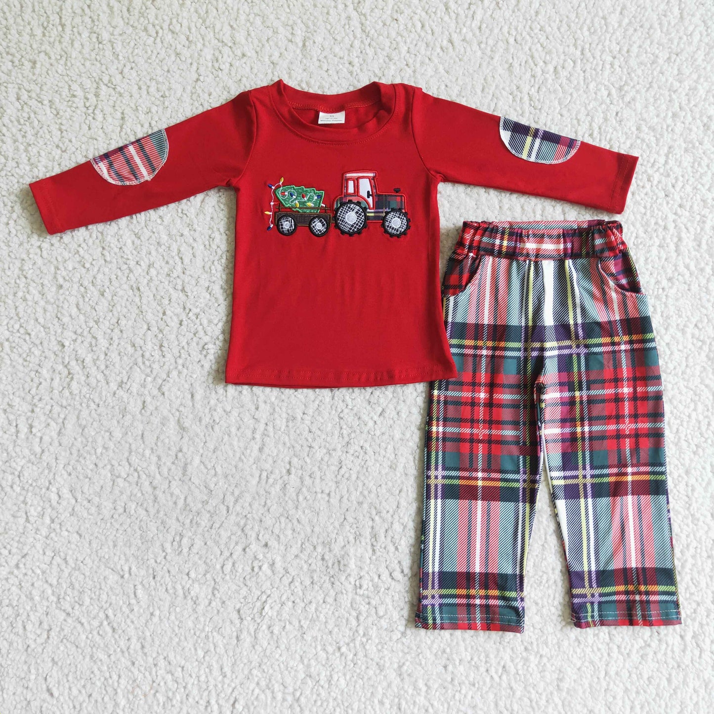 Boys Embroidery Christmas Truck Outfits Long Sleeves Red Pants