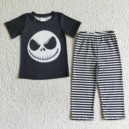 Boys Halloween Skull Outfits Short Sleeves Stripe Pants