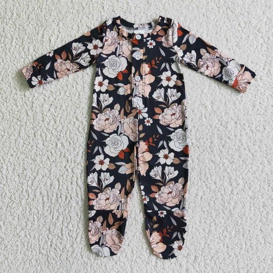 LR0116 Girls Button Floral Rompers Long Sleeves