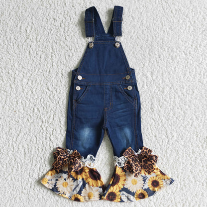 Girls Overalls Trousers Jeans Bell Bottom Sunflowers Pants