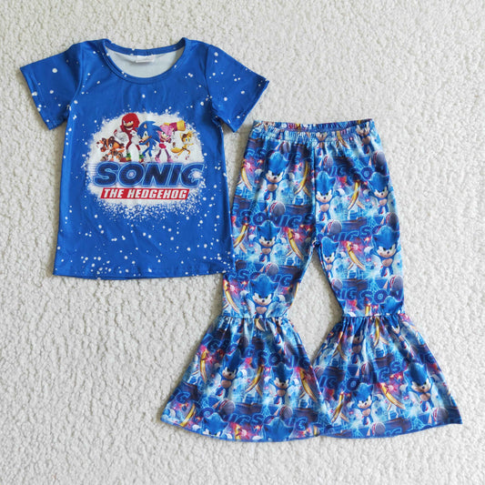 Girls Cartoon Sonic Outfits Short Sleeves Bell Bottom Pants