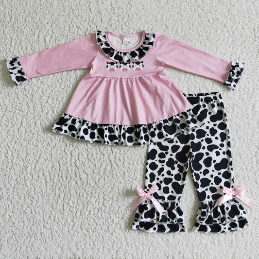 GLP0165 Girls Cow Pink Outfits Long Sleeves