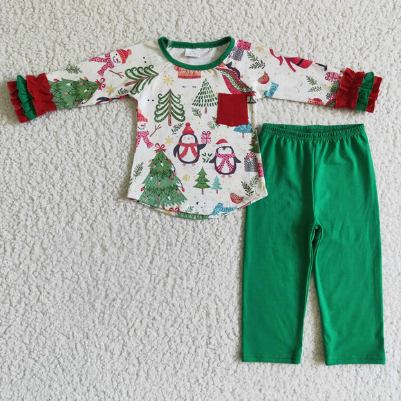 Girls Christmas Green Outfits Long Sleeves