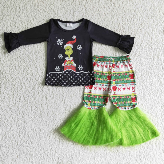 Girls Christmas Outfits Long Sleeves Green Fur Pants
