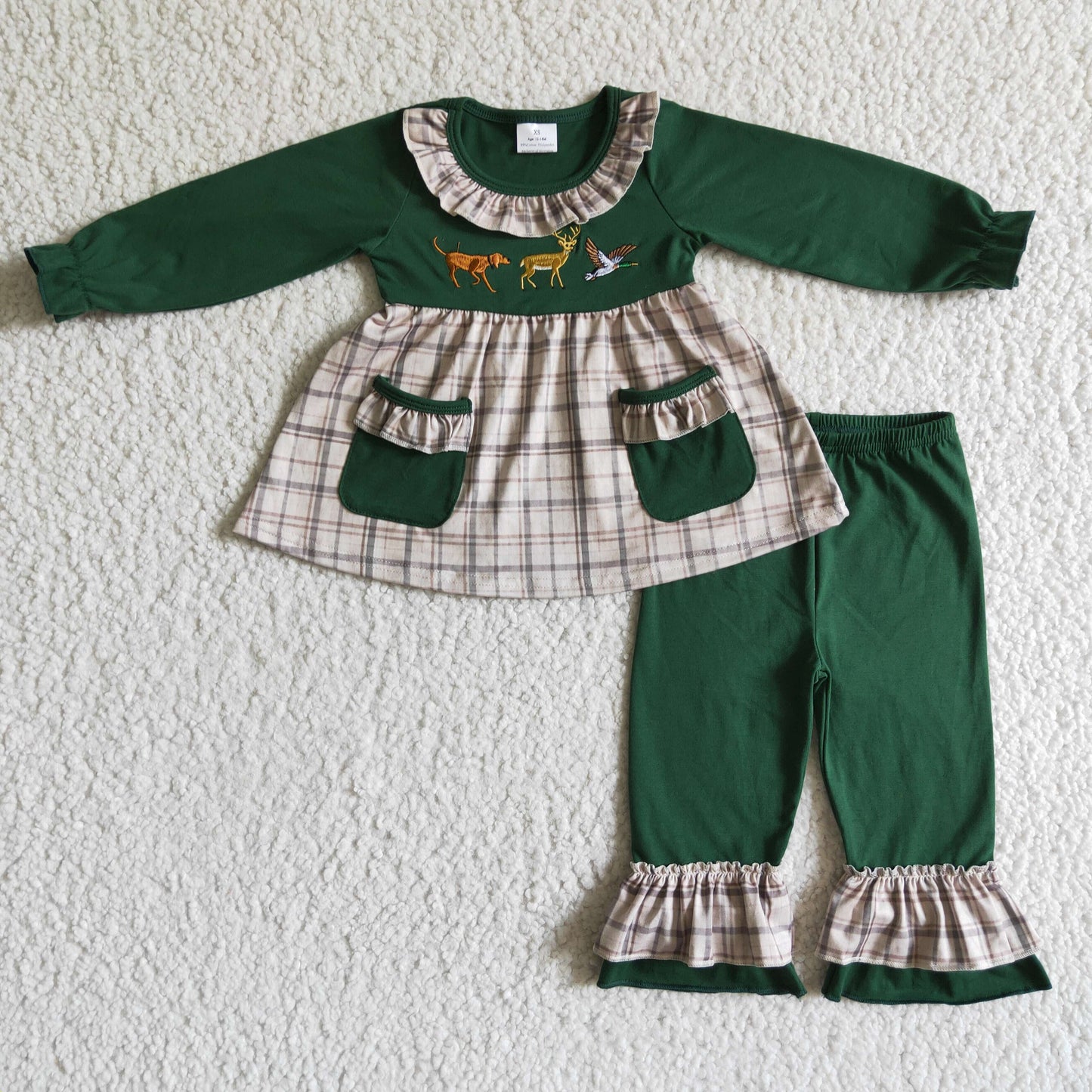 Girls Green Embroidery Animals Outfits