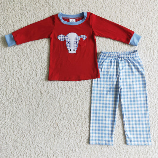 Boys Embroidery Cow Red Outfits