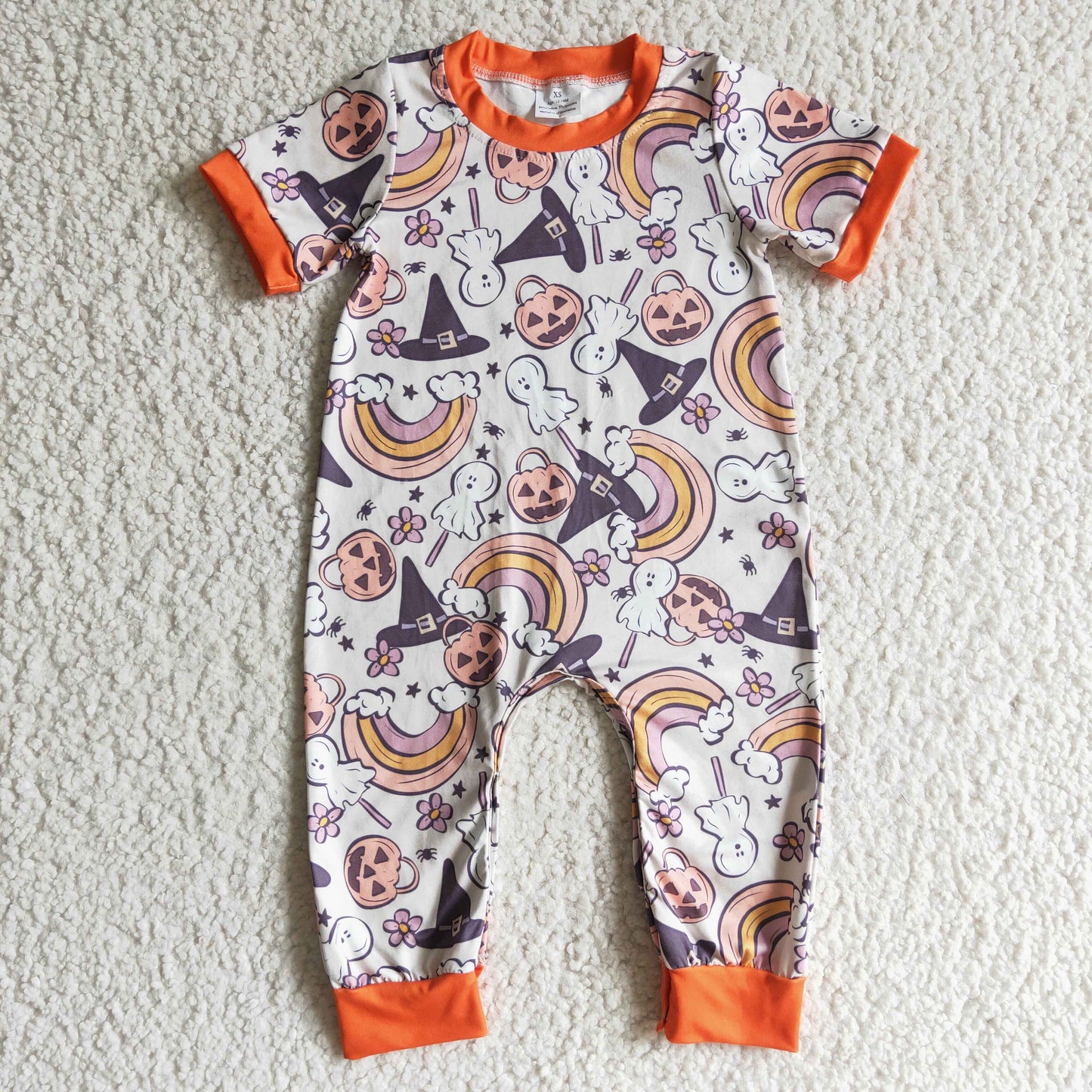 Boys Halloween Pumpkin Rainbow Rompers