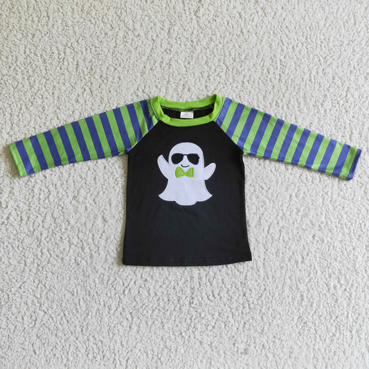 Boys Halloween Embroidery Ghost Top Shirt Long Sleeves