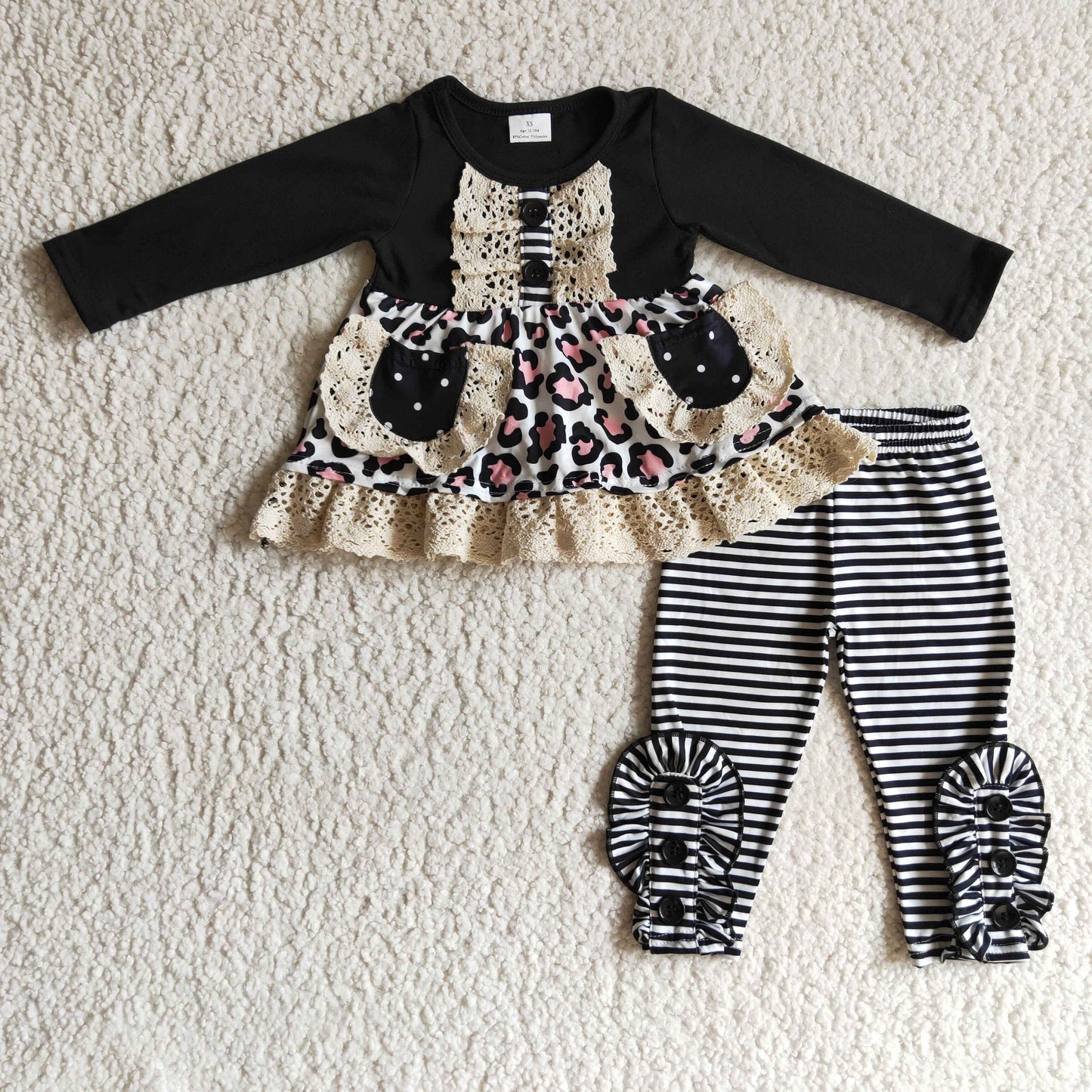 Girls Black Outfits Long Sleeves Lace Pocket Stripe Pants