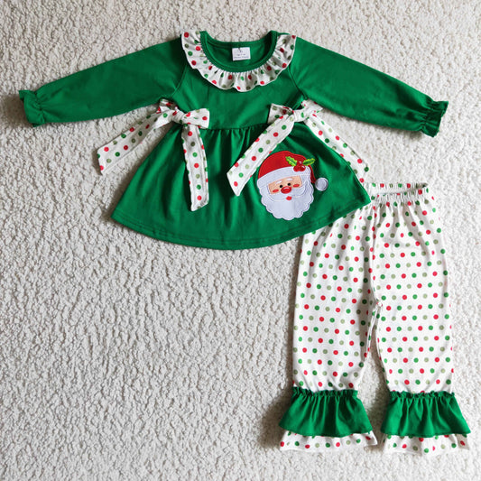 GLP0163 Girls Embroidery Christmas Santa Outfits Long Sleeves Green Pants