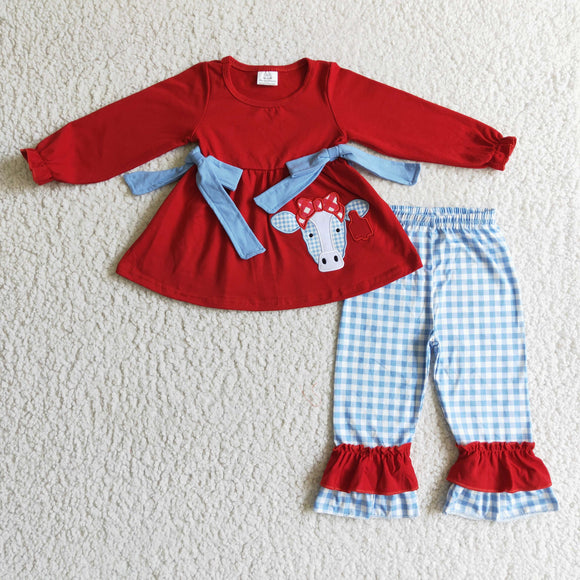 Girls Embroidery Cow Red Outfits