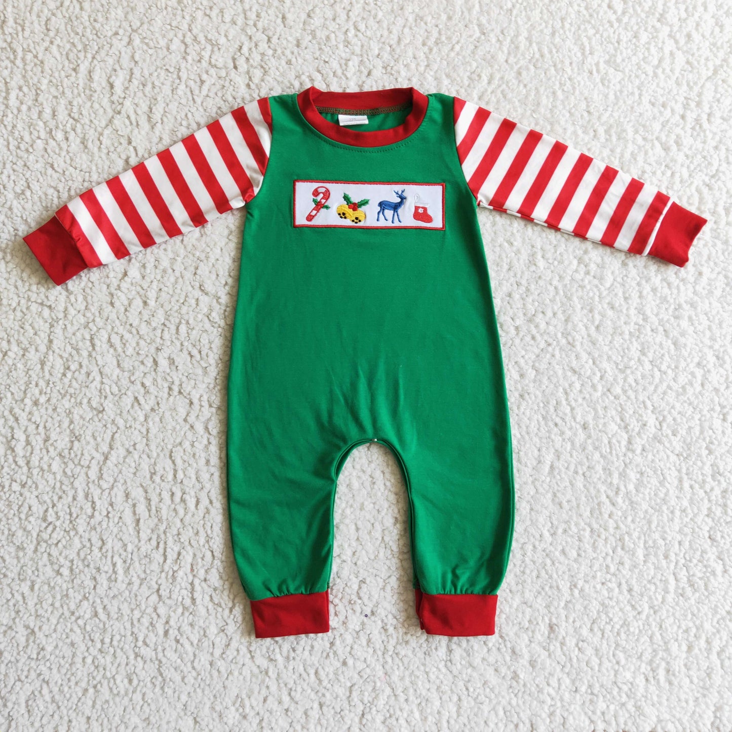 Boys Christmas Embroidery Green Rompers