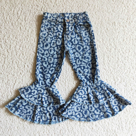 Girls Blue Leopard Jeans Double Ruffles Bell Bottom Pants