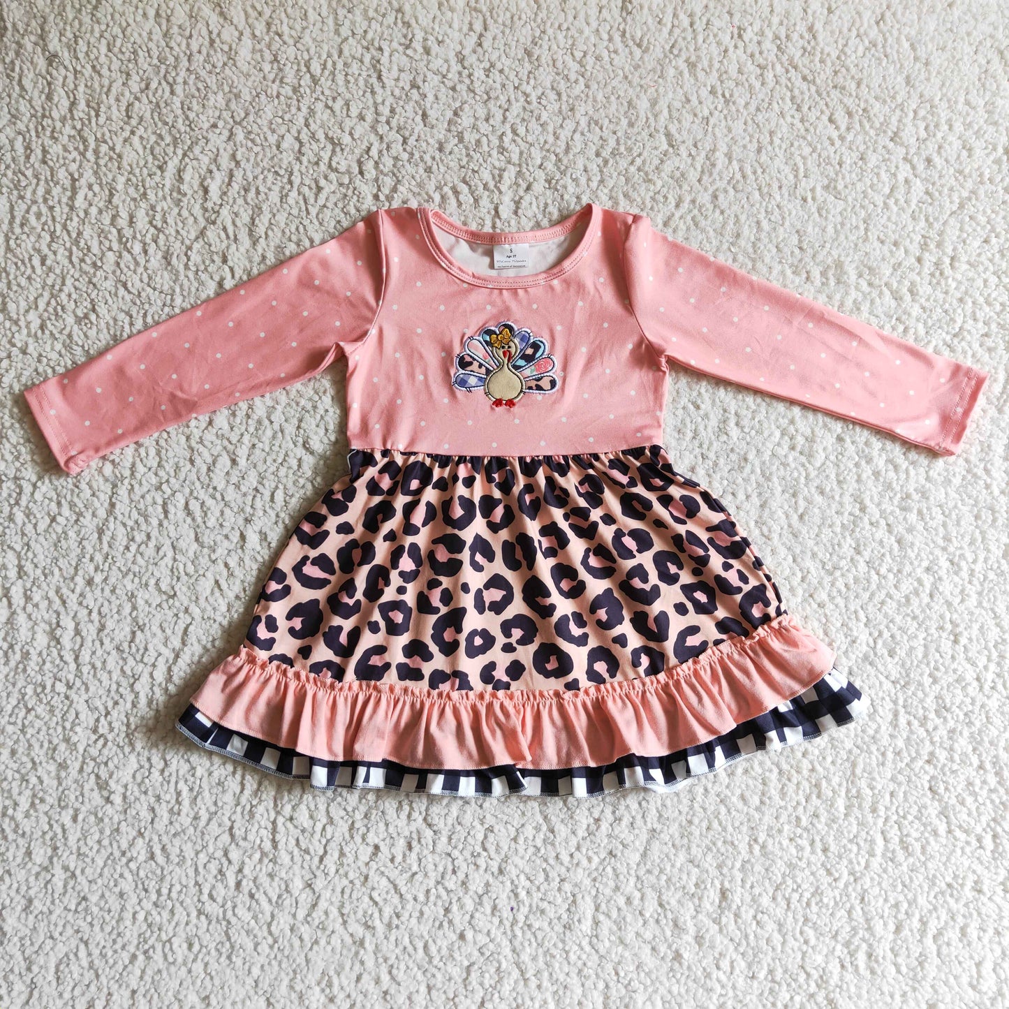 Girls Pink Embroidery Turkey Dress Long Sleeves