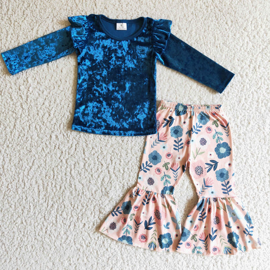 Girls Blue Velvet Floral Outfits