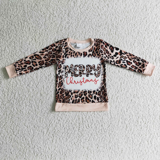 Girls Merry Christmas Leopard Shirt Top Long Sleeves
